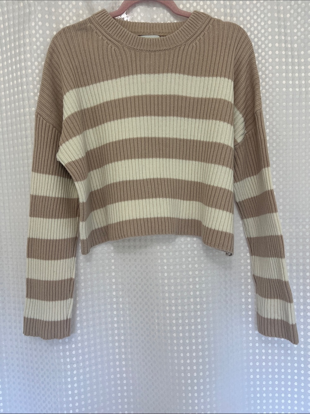 Pretty PINK ROSE Tan&Cream Striped Crewneck Sweater w/Longer Sleeves&Cable Knit